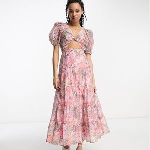 & Other Stories cut-out tiered midaxi dress in pink floral sz 2 (EU Sz 34)